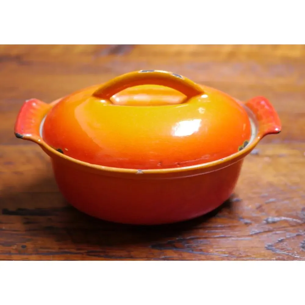 Vtg HUSQVARNA Flame Red Orange Enamel Cast Iron Small Dutch Oven Baking Dish